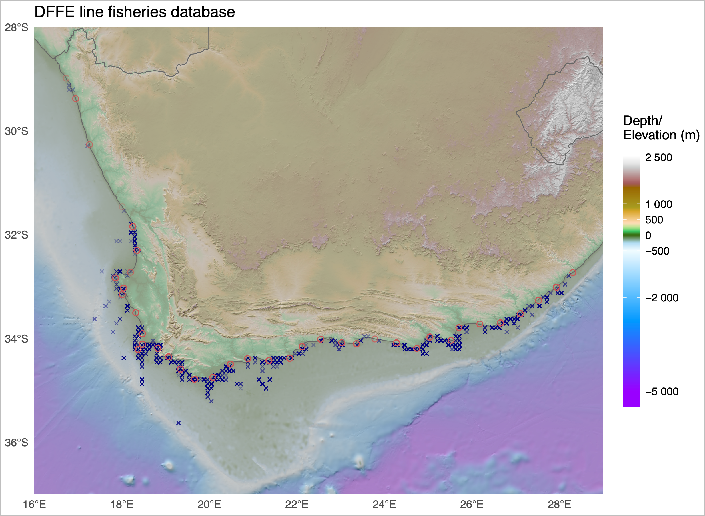 A hypsometric map showing the distribution of linefish catches.