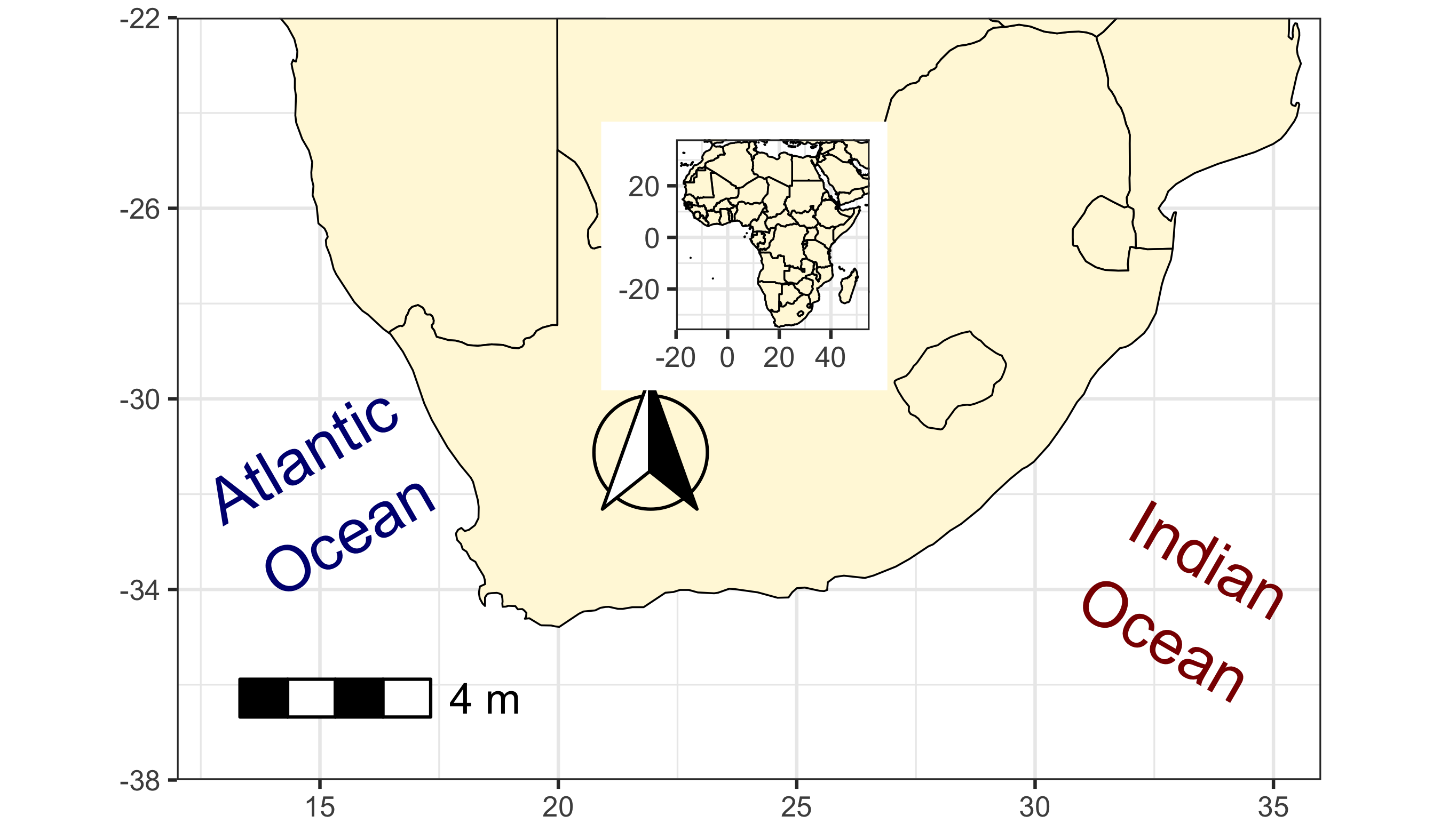 Map of southern Africa with labels, scale bar, and an inset map of Africa.